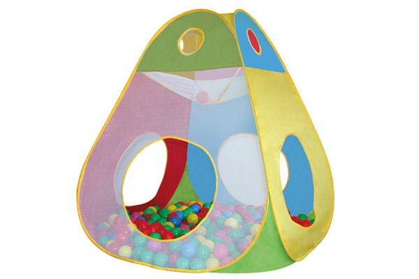 Kleurrijke kindertent met 100 ballen.